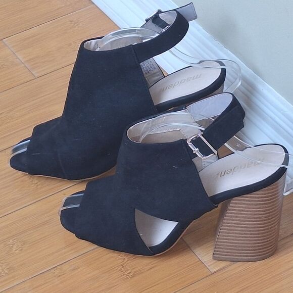 Madden NYC Chunky Stacked Heel Sandal Slingback Black Micro Suede 5" size 10M - Picture 1 of 16